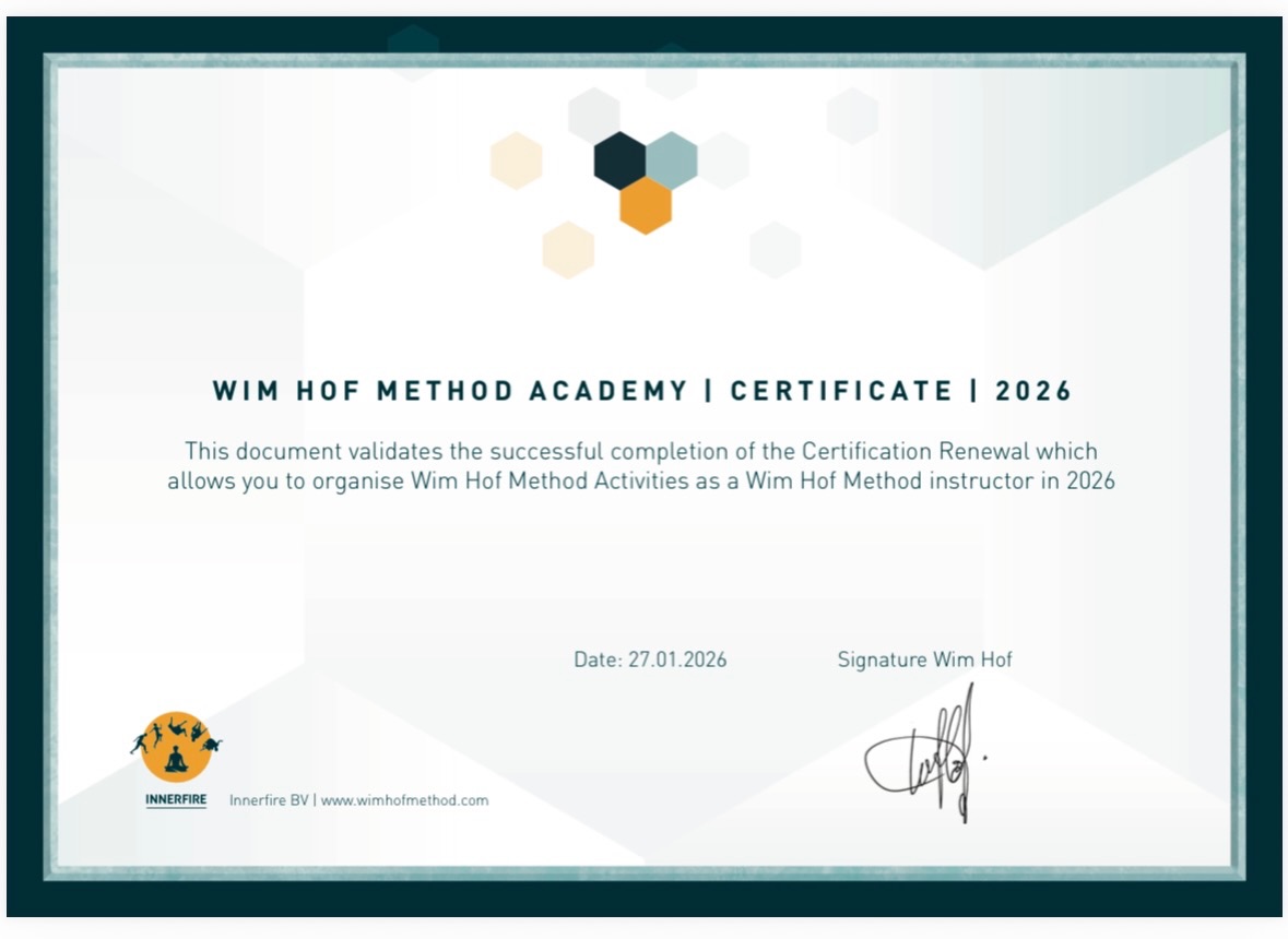 Certification Renewed · Wim Hof Method 2026

Completing the recertification as a Wim Hof Method Instructor 2026 reaffirms my commitment to science, safety, and excellence in breathing, cold exposure, and mental control.

Another year of learning and sharing tools that transform the way we breathe, feel, and perform.

Thank you to the Wim Hof Method Academy. On we go to change the World! 🫁🧊🧠

#WimHofMethod #CertifiedInstructor #Breathing #ColdExposure #HumanPerformance