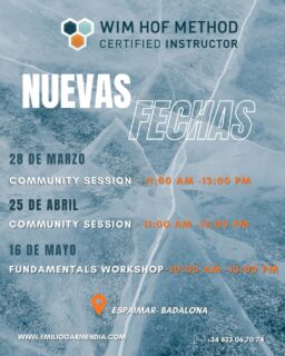 DESCUBRE EL PODER DE TU RESPIRACIÓN

El Método Wim Hof está ayudando a miles de personas en todo el mundo a mejorar su energía, resiliencia al estrés, salud y rendimiento a través de tres pilares simples:

🌬️ Respiración
🧊 Exposición al frío
🧠 Enfoque mental

Experimenta y vive esta experiencia en Barcelona.

📅 Próximas sesiones

🧊 28 de marzo
Community Session
⏰ 11:00 – 13:00

🧊 25 de abril
Community Session
⏰ 11:00 – 13:00

⚠️ Las Community Sessions son únicamente para personas que ya hayan realizado previamente un Fundamentals Workshop del Método Wim Hof.

🔥 16 de mayo
Fundamentals Workshop
⏰ 10:00 – 13:00

Este taller es la puerta de entrada al Método Wim Hof.
Aprenderás la técnica de respiración, entenderás la ciencia detrás del método y experimentarás la exposición al frío de forma segura.

📍 Espaimar – Badalona (Barcelona)

Si quieres más energía, más claridad mental y más resiliencia, esta experiencia puede marcar un antes y un después.

🎟️ Plazas limitadas. Grupos reducidos.

Reserva tu plaza:
www.emiliogarmendia.com y link en BIO.

Emilio Garmendia
Instructor Avanzado Método Wim Hof

#WimHofMethod #MetodoWimHof #Breathwork #ColdExposure #IceBath RespiracionConsciente BreathworkBarcelona BarcelonaWellness Biohacking Resiliencia SaludIntegral WellnessBarcelona Badalona EmilioGarmendia