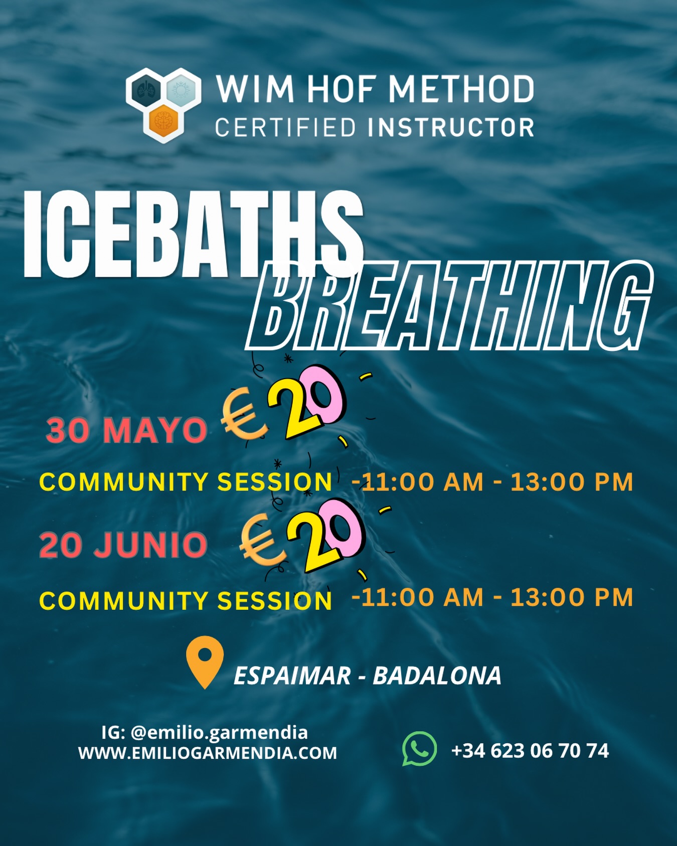 COMMUNITY SESSIONS EN BADALONA

¿Quieres salir de tu zona de confort, conectar con tu cuerpo y sentir una energía brutal?

Únete a nuestras sesiones de respiraciones guiadas + Ice Baths en Espaimar, Badalona. Una experiencia diseñada para ayudarte a reducir estrés, aumentar enfoque, fortalecer tu mente y activar tu cuerpo a otro nivel.

¿Qué incluye?

Respiraciones guiadas estilo Wim Hof Method
Ice Baths / baños de hielo
Comunidad y conexión
Técnicas para mejorar energía, enfoque y resiliencia
Una experiencia segura, intensa y transformadora

Próximas fechas:
30 Mayo
20 Junio

11:00 AM — 13:00 PM
Espaimar — Badalona
Solo €20

No necesitas experiencia previa. Solo ganas de vivir algo diferente.

Reserva tu lugar por DM o WhatsApp: +34 623 06 70 74
https://emiliogarmendia.com/product/club-del-hielo/

#WimHofMethod #IceBath #Breathwork #Badalona #BarcelonaWellness ColdExposure RespiracionConsciente IceBaths WellnessBarcelona Mindset HumanPerformance Biohacking Breathing ColdTherapy CommunitySession Longevity StressRelief EmilioGarmendia Espaimar BreathworkHealing